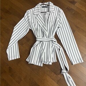 White and Black Striped Blazer with Belt